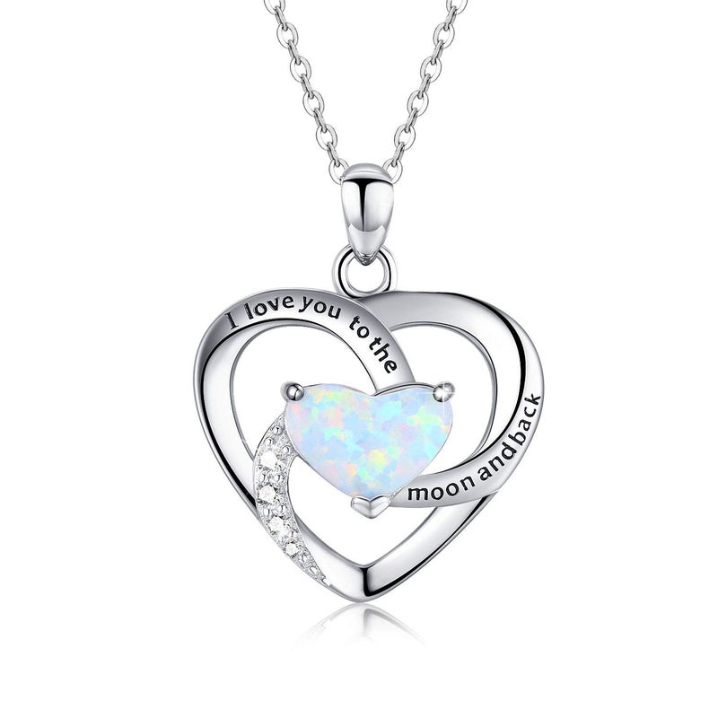 Cuoka I Love You To The Moon and Back Necklace 925 Sterling Silver Heart Opal October Birthstone Lover Pendant Necklace for Women Wife - Image 1
